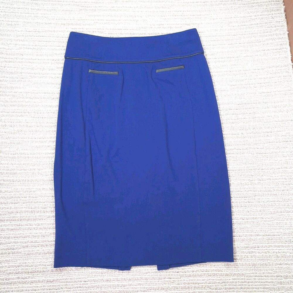 ​EXPRESS Womens Royal Blue Pencil Skirt Faux Leather Trim Piping Sz 8 Knee Work